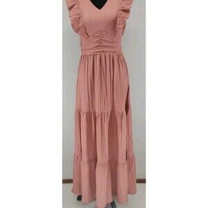 Shein Blush Pink Ruffle Maxi Dress Boho Peasant Summer Sundress Size XS